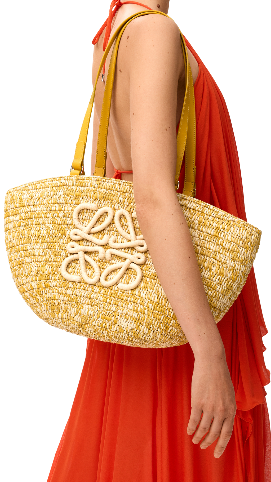 Medium Eclipse Basket in Raffia and Calfskin in Mustard