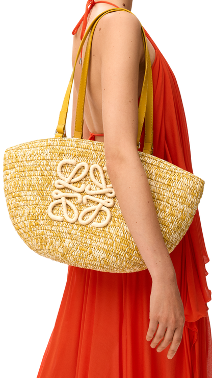 Medium Eclipse Basket in Raffia and Calfskin in Mustard