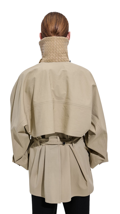 Cotton Trench Coat in Sahara with Intrecciato Leather Undercollar