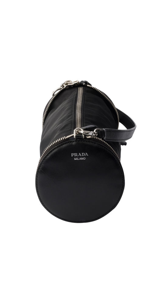 Re-Nylon and Leather Foldable Mini-Bag in Black