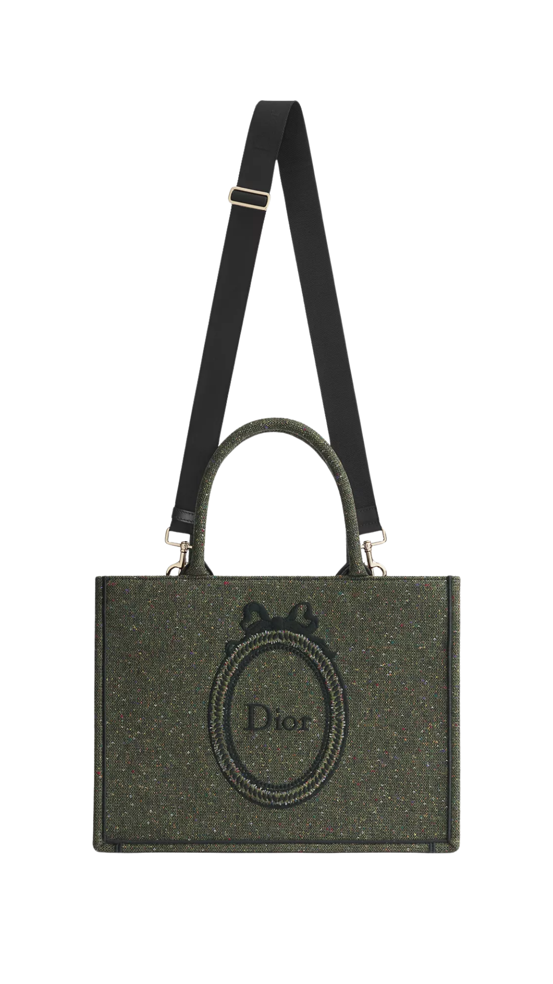 Medium Dior Book Tote with Strap in Khaki Sequin-Embroidered Tweed and Dior Médaillon