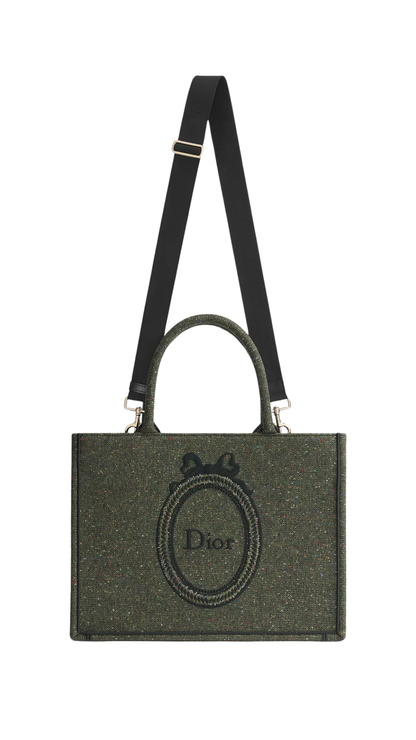 Medium Dior Book Tote with Strap in Khaki Sequin-Embroidered Tweed and Dior Médaillon