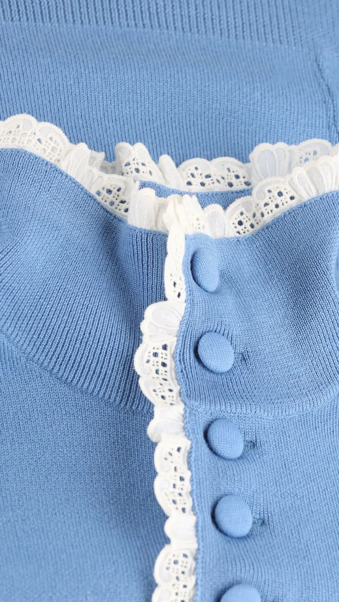 High-Neck Sweater in Blue Wool Knit & Lace