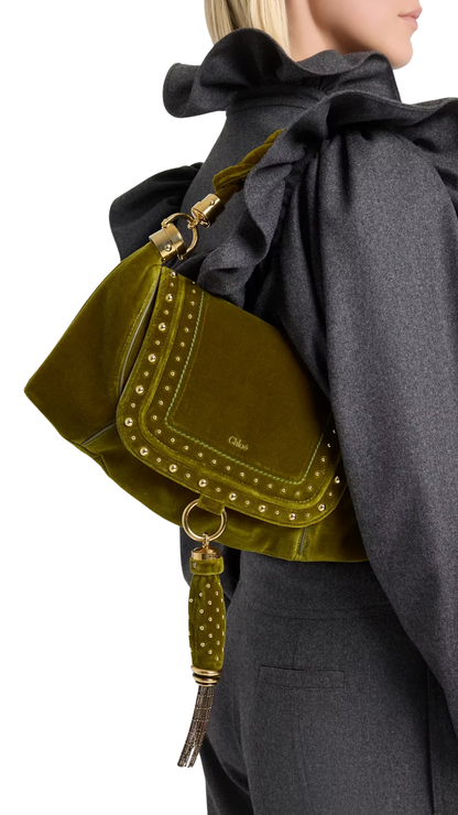 Small Marcie Foulard Hobo Bag in Green Velvet with Studs
