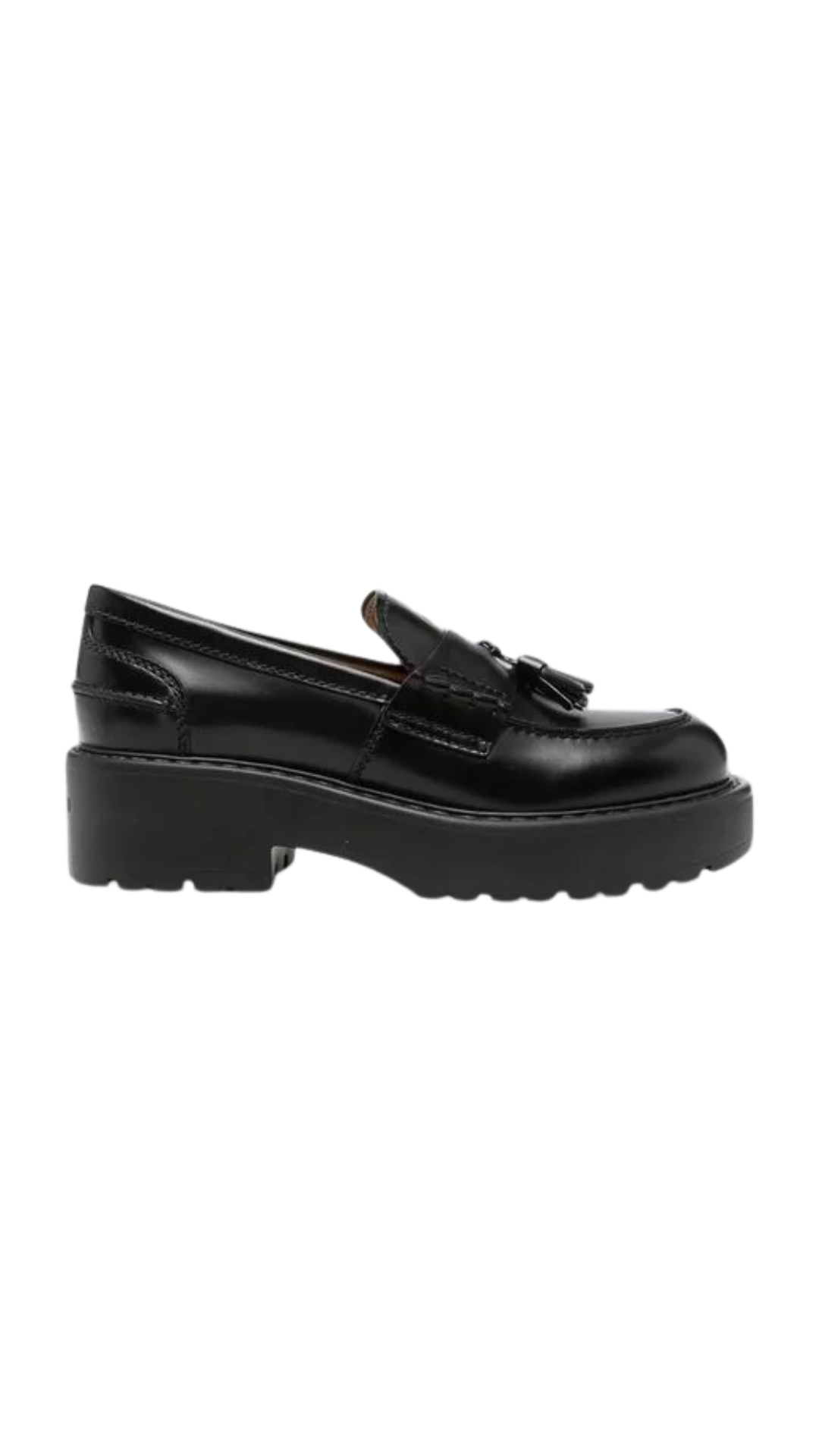 Women's Black Leather Loafers Round Toe Tassel Chunky Sole