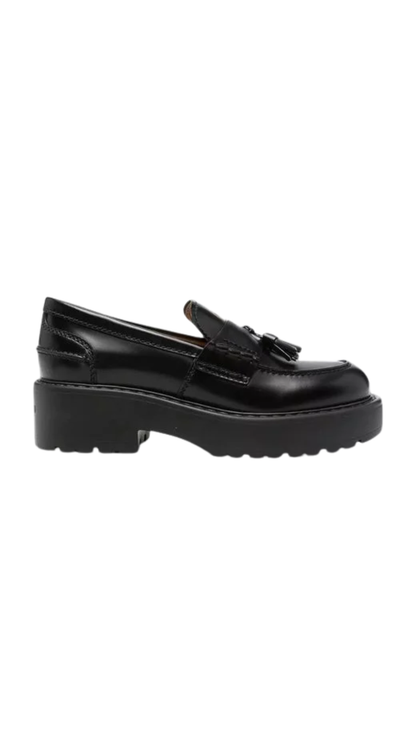 Women's Black Leather Loafers Round Toe Tassel Chunky Sole