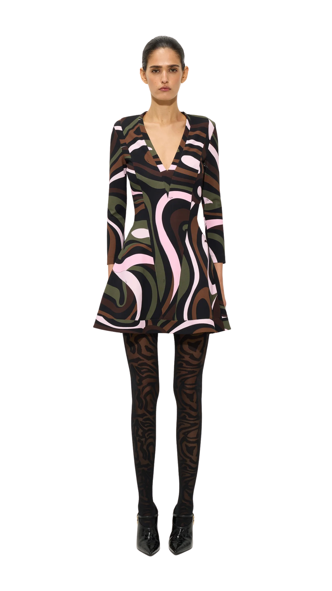 Marmo Print Compact Jersey Dress in Khaki and Pink