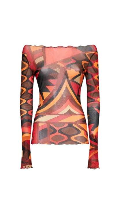Vivara-Print Tulle Top in Orange and Black