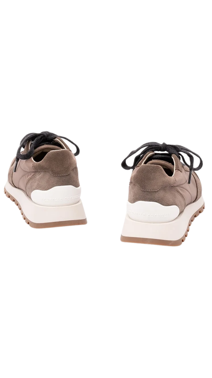 Suede and Techno Fabric Runners with Precious Toe in Brown