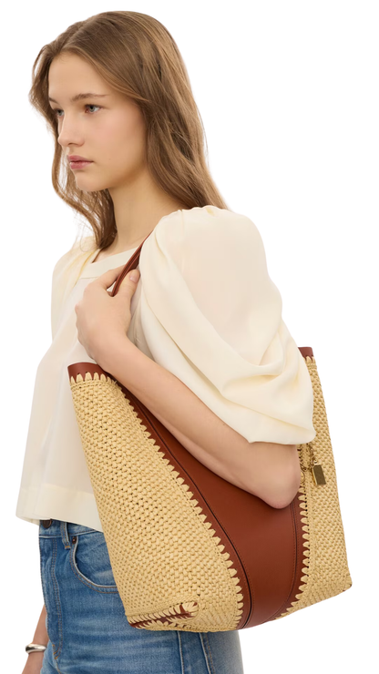 Spin Tote Bag in Raffia-Effect & Leather in Clay Brown