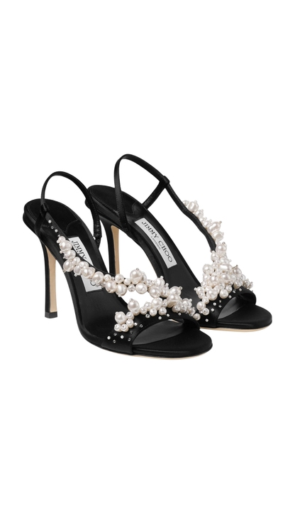 Irina 100 Black Satin Sandals with Pearl and Crystal Embroidery