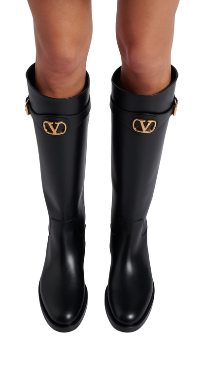 VLogo Leather Knee-High Boots in Black