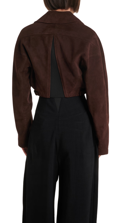 Cropped Suede Biker Jacket in Brown