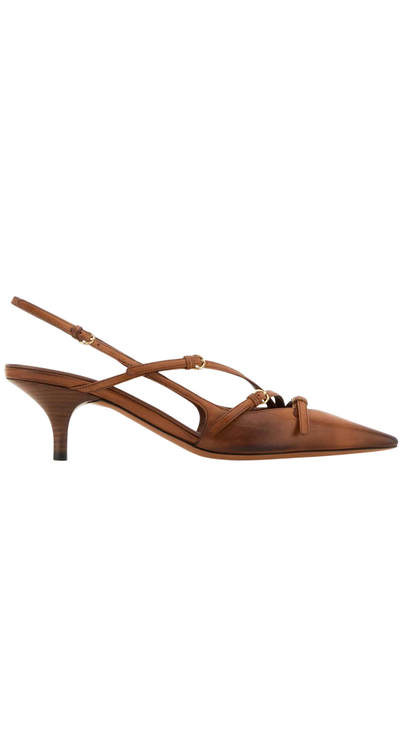 Brushed Leather Slingbacks with Buckles in Cognac