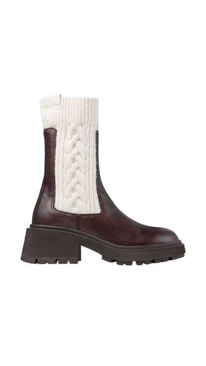 Tamia Flat in Chocolate Shiny Calf Leather Ankle Boots with Cable Knit