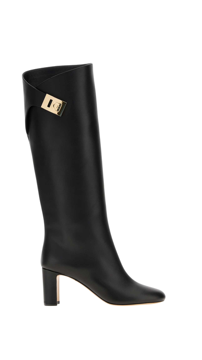 Knee High Boot with Hug Buckle Detail in Black