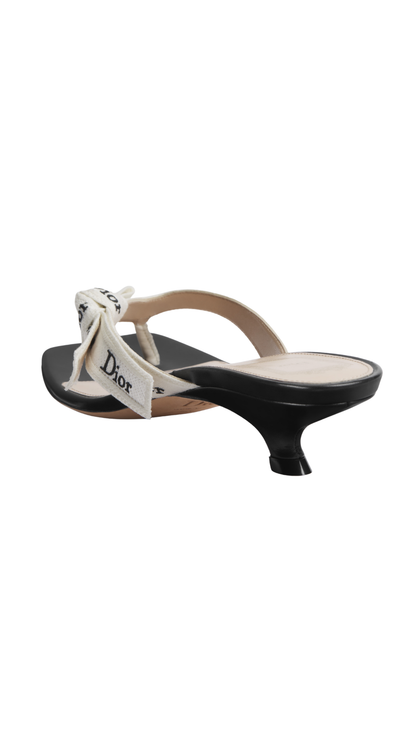 J'Adior Heeled Thong Sandal White Embroidered Cotton and Black Lambskin