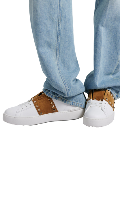 Rockstud Suede-Trimmed Leather Sneakers in White