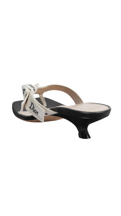 J'Adior Heeled Thong Sandal White Embroidered Cotton and Black Lambskin