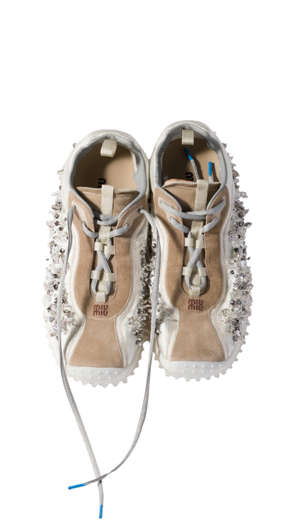Bubble Embroidered Technical Fabric and Suede Sneakers in Ivory