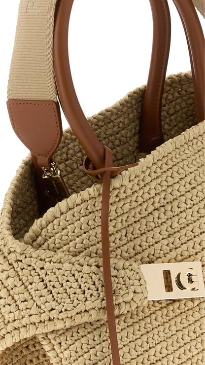 Raffia Small Hug Handbag in Natural nude/Natural Brown