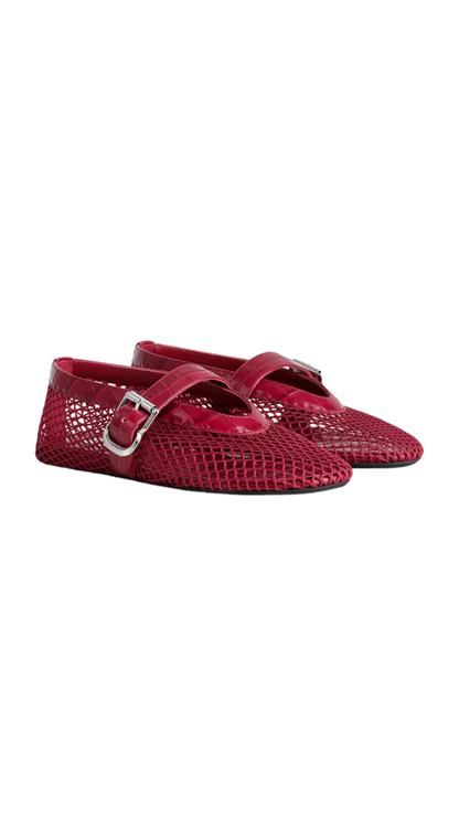 Ballet Flats in Cherry Fishnet and Crocodile Embossed Calfskin