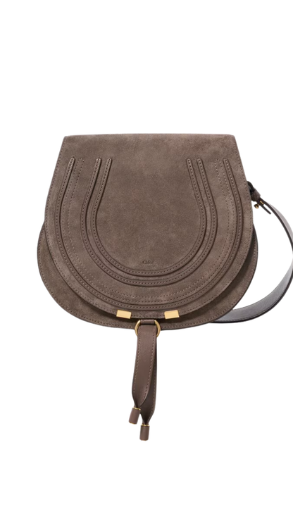 Marcie Saddle Bag in Nickel Grey Suede Leather