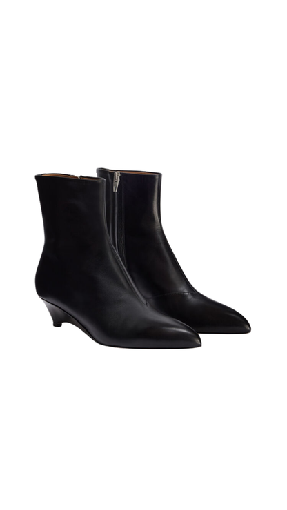 Arc Ankle Boot with Pointed Toe and Low Wedge Heel in Black