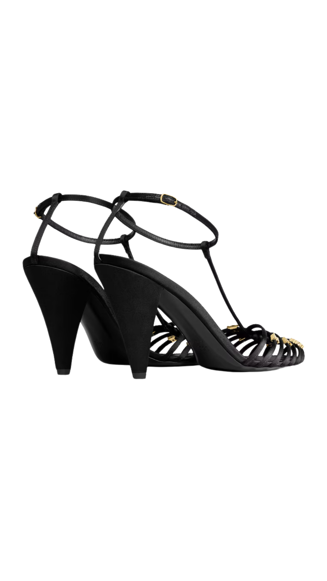 Cage Heeled Sandal in Black Satin