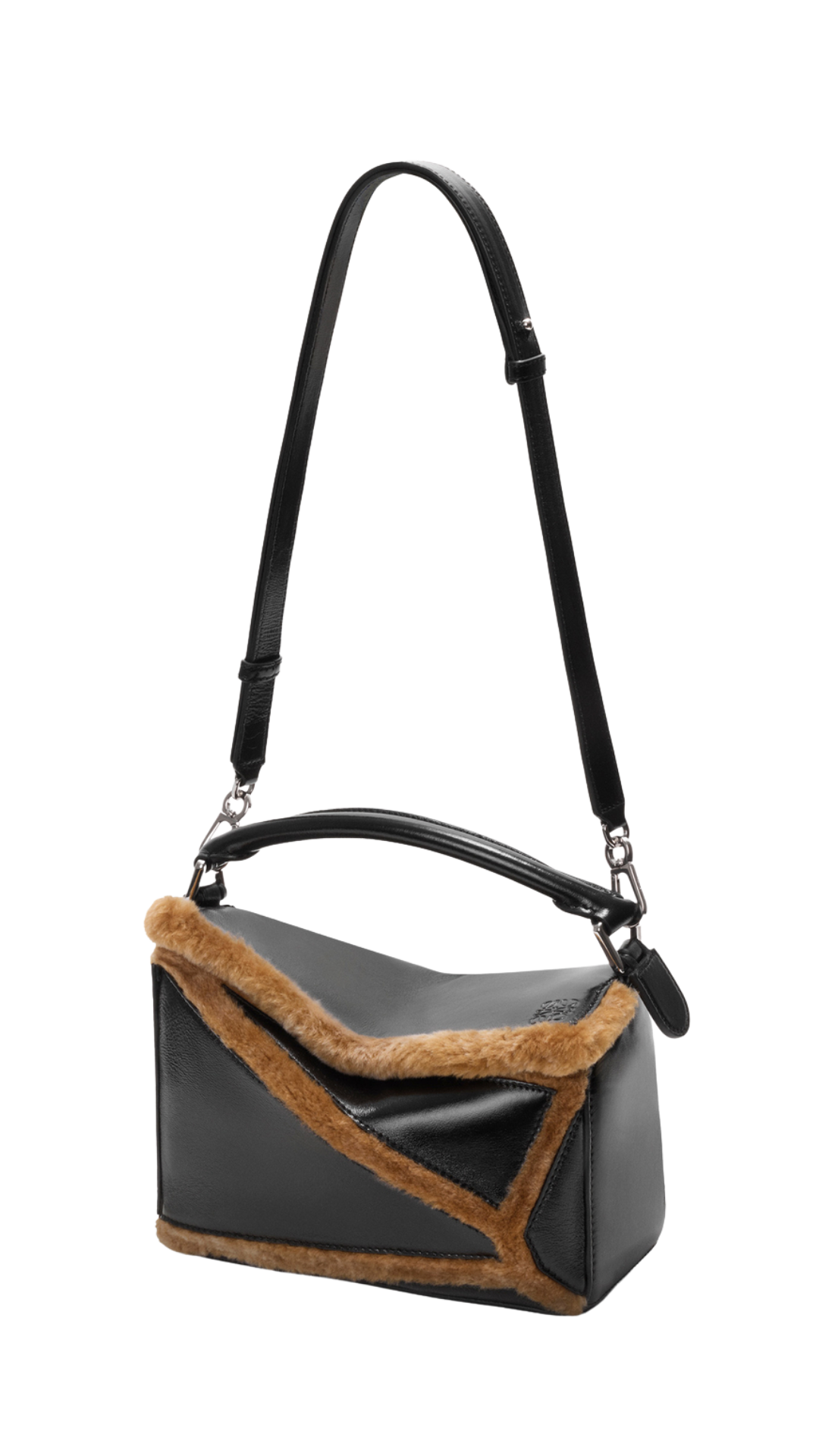 Small Puzzle Aviator Bag in Black/Brown Glossy Lambskin and Shearling