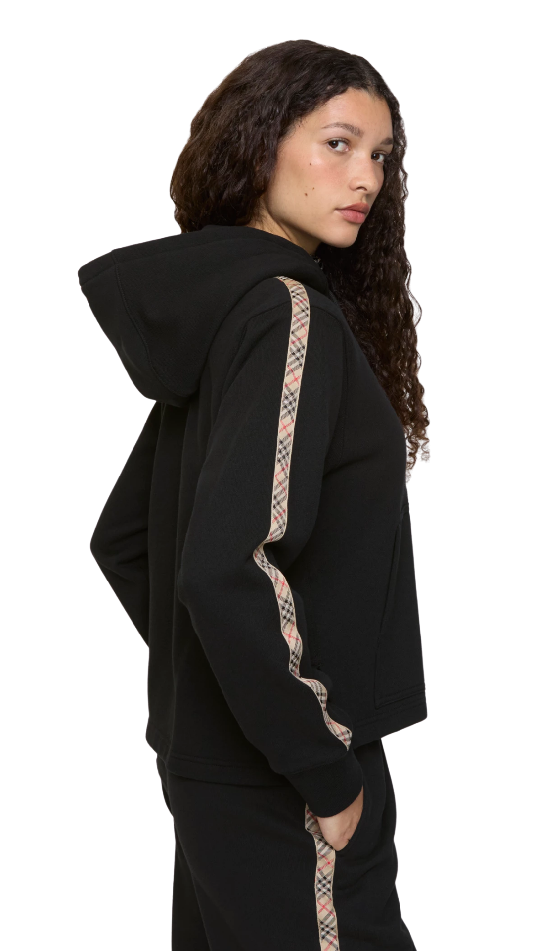 Check Trim Cotton Zip Hoodie in Black