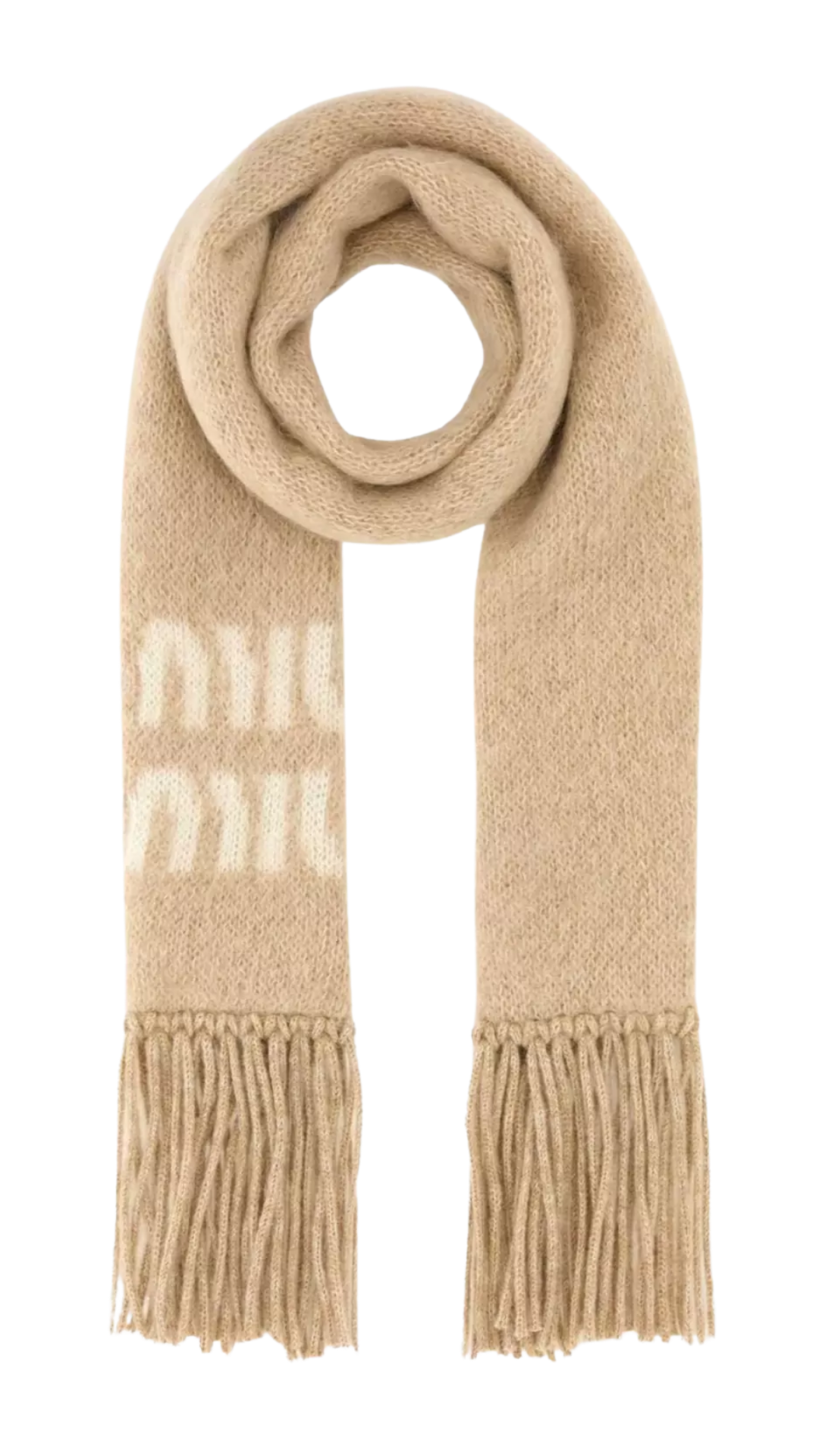 Scarf with Knit Texture and Fringe Detailing in Beige