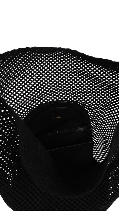 Hip Large Bucket Bag in Black Suede Net