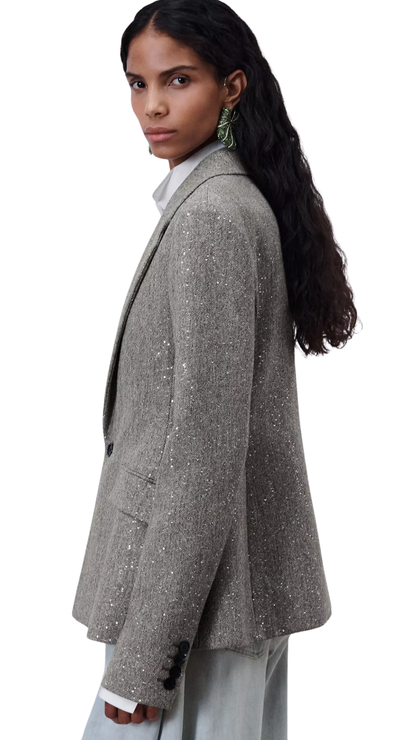 Bar Jacket Khaki Donegal Tweed Embroidered with Multicolor Sequins