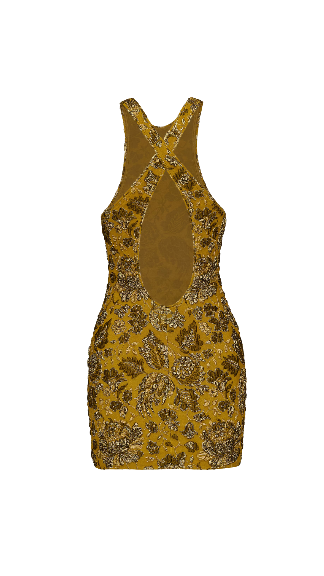 Cross-Back Mini dress in Mordore Or Stretch Brocade