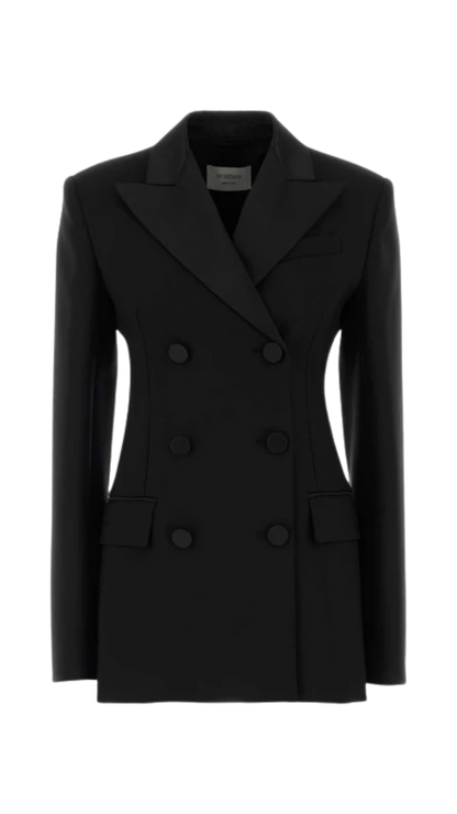Double-Breasted Natural Stretch Wool Blazer in Black