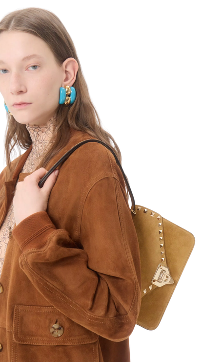 Valentino Garavani Rockstud Small Shoulder Bag In Havana Baige Suede