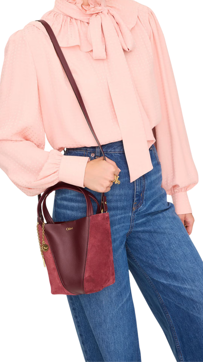 Small Chloé Spin Tote Bag in Burnt Red Suede & Soft Leather