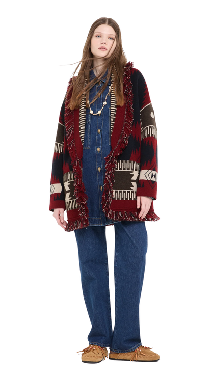 Icon Jacquard Cardigan in Charcoal/Russet Red