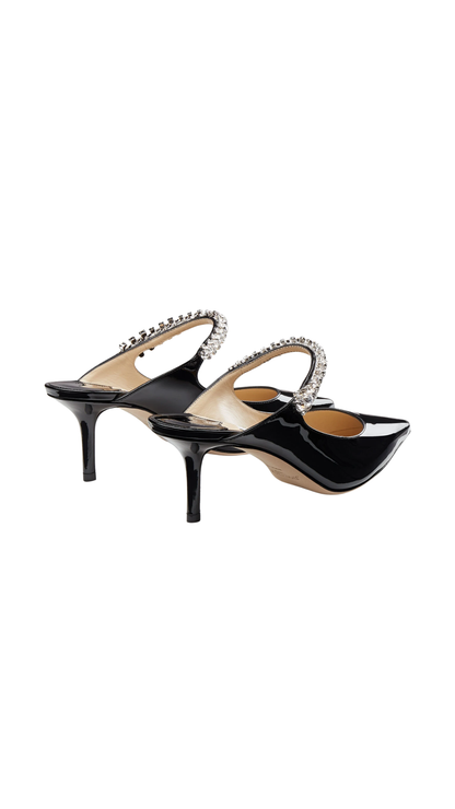 Bing 65 Ballet Black Patent Leather Mules with Crystal Strap