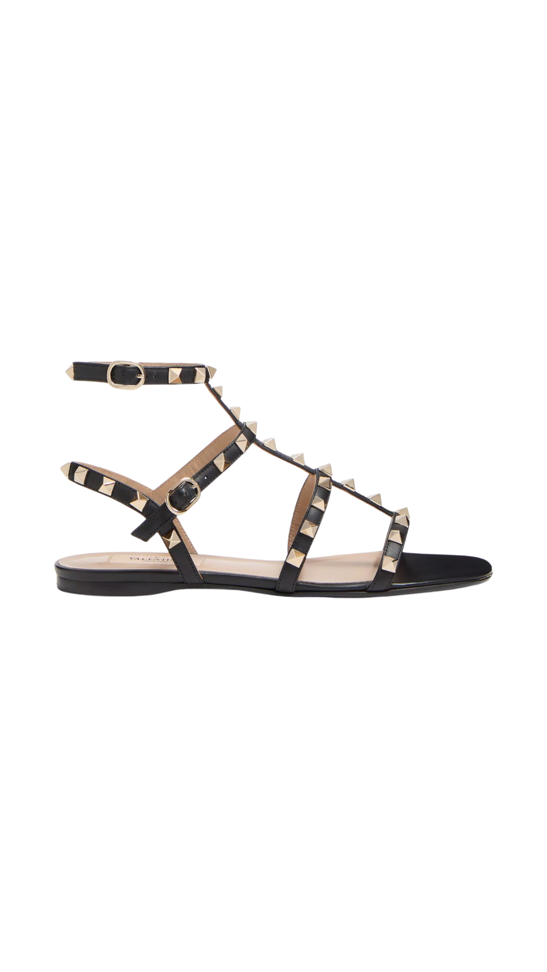 Rockstud Flat Calfskin Sandal With Straps in Black