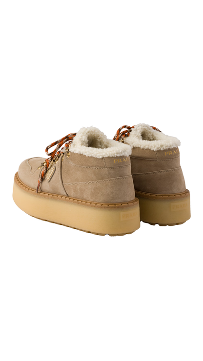 Shearling-Lined Suede Booties in Desert Beige