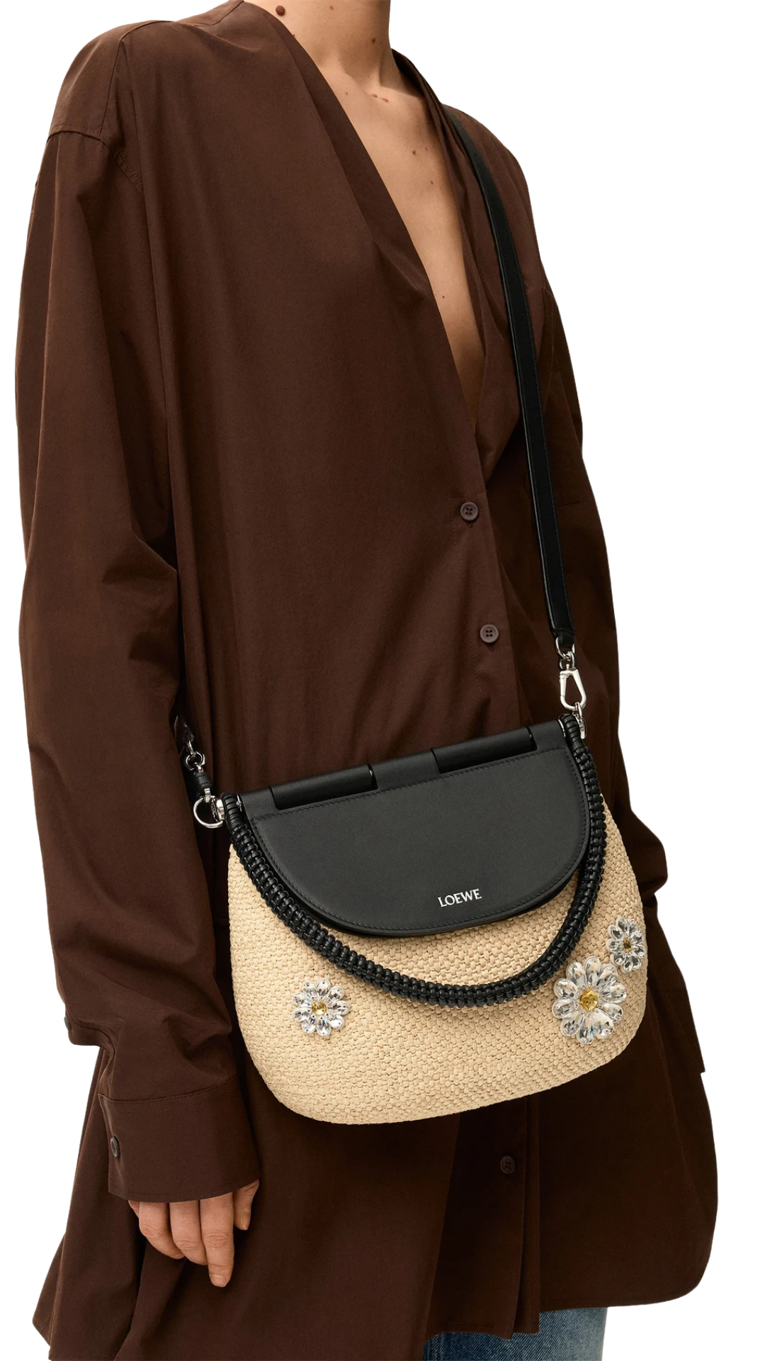 Medium Pescador Bag in Natural/Black Raffia and Calfskin