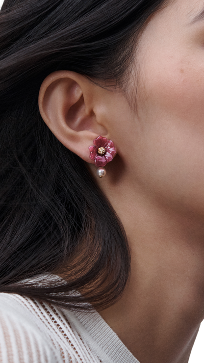 Dioriviera Brush & Bloom Earrings in Gold-Finish Metal, White Resin Pearl, Pink Watercolor-Effect Resin and Crystals