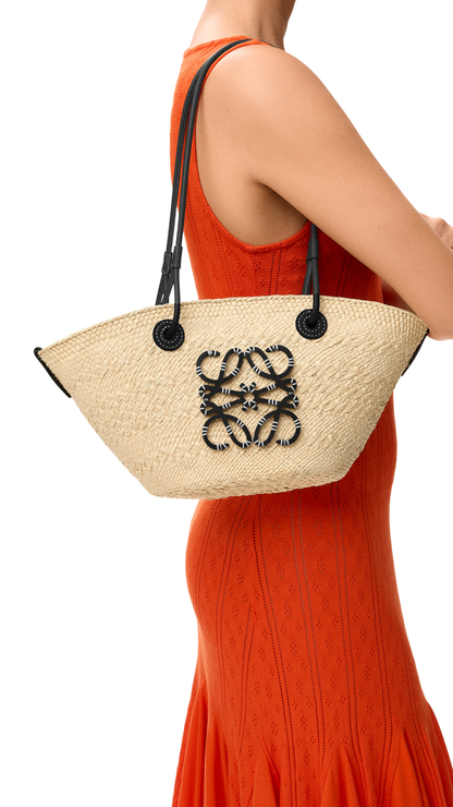 Small Anagram Basket Bag in Iraca Palm and Calfskin