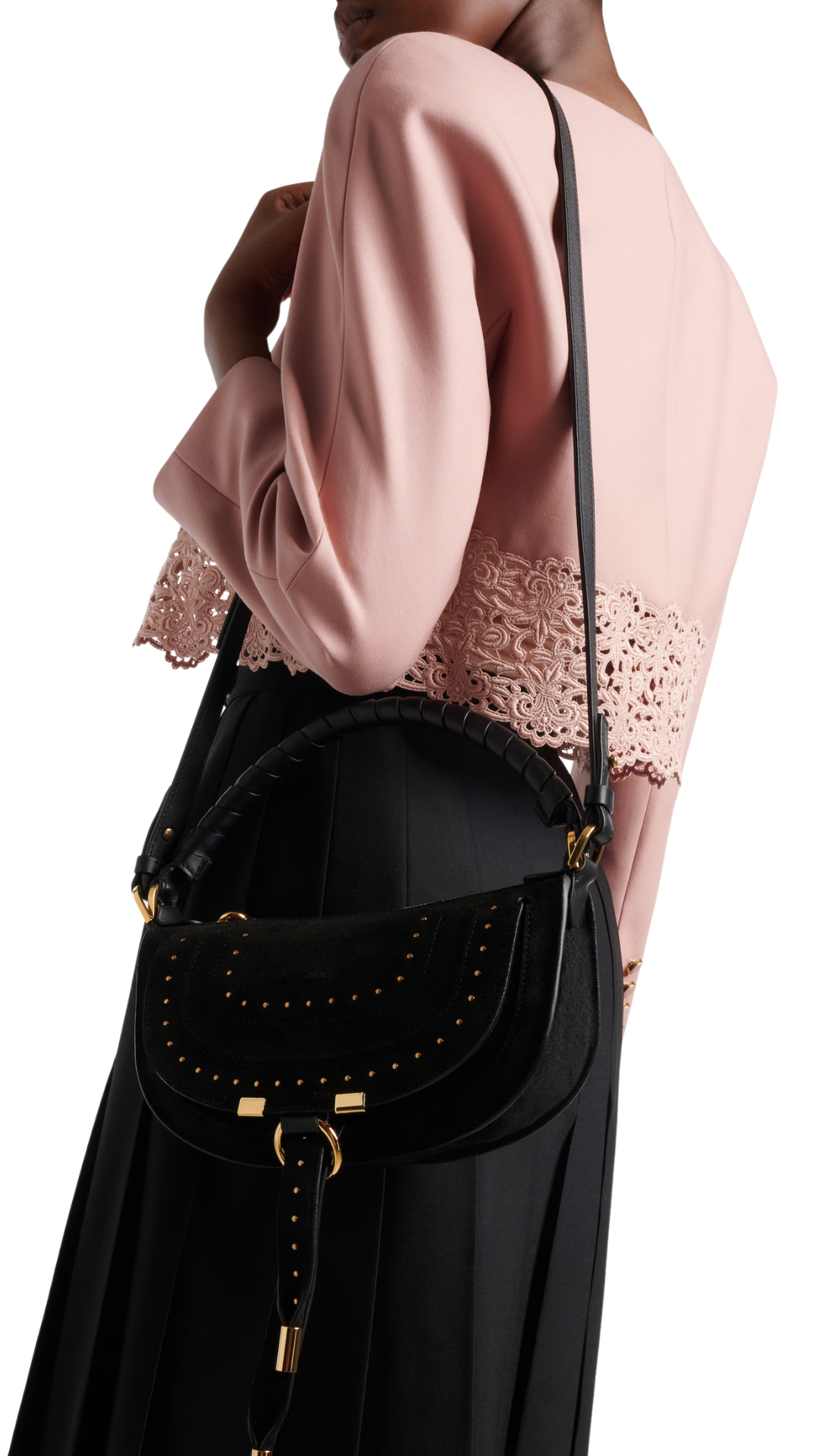 Marcie Small Studded Suede Shoulder Bag in Black