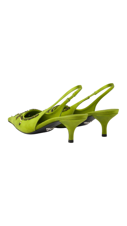 Embroidered Satin Slingback Pumps in Fern Green