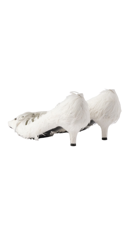 Feather-Embellished Satin Pumps in White
