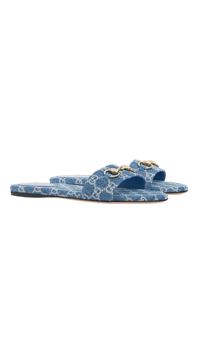 Women's Slide Sandal with Horsebit in Blue GG Denim