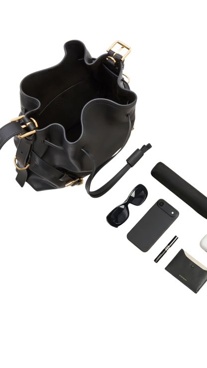 Small Voyou Bucket Bag in Black Shiny Leather